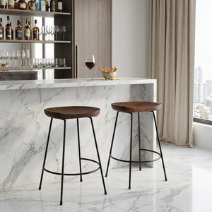 Set of Two 25" Chestnut And Black Solid Wood And Steel Backless Counter Height Bar Chairs