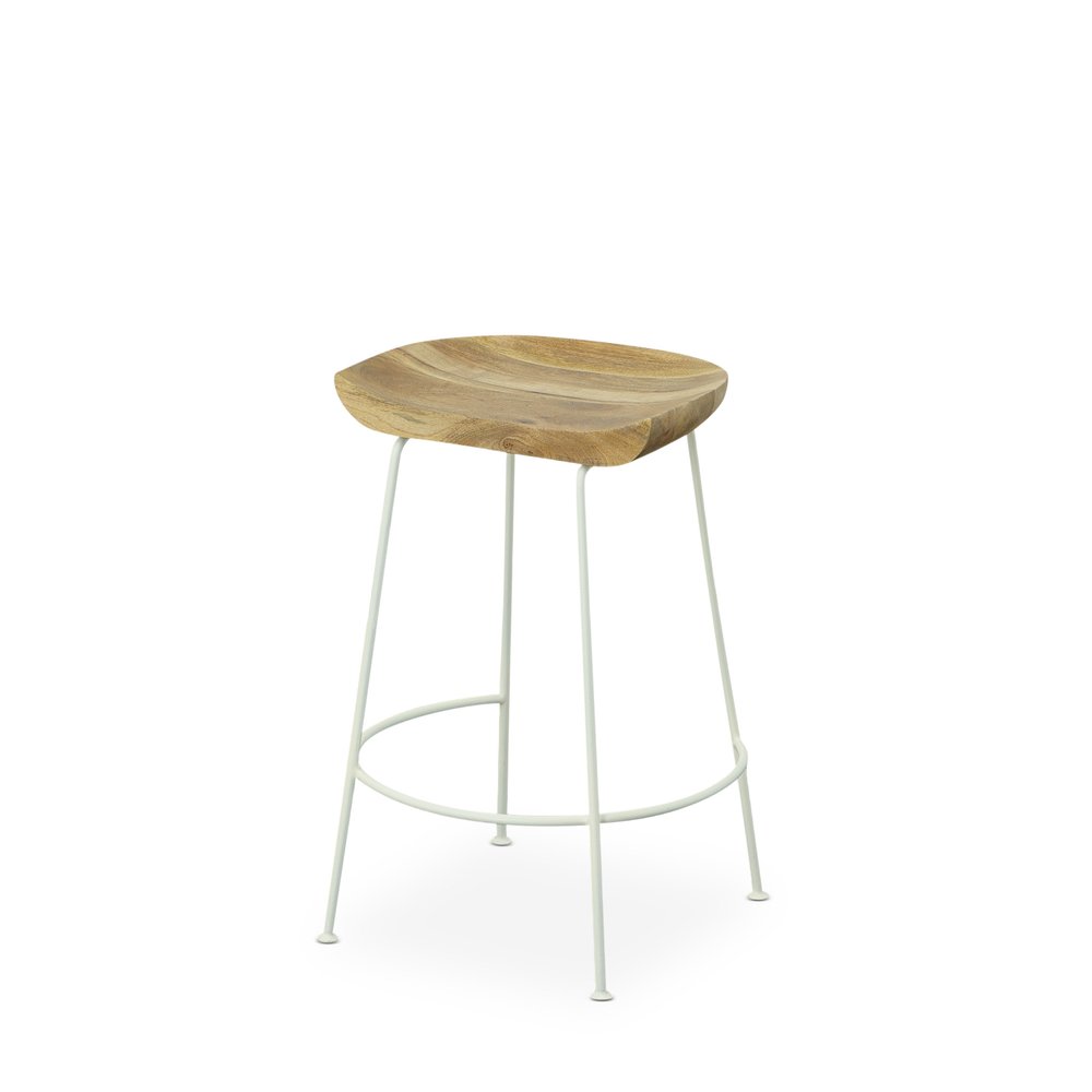 Set of Two 25" Natural And White Solid Wood And Steel Backless Counter Height Bar Chairs