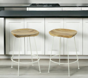 Set of Two 25" Natural and White Solid Wood and Steel Backless Counter Height Bar Chairs