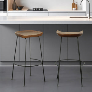 Set of Two 31" Chestnut and Black Solid Wood and Steel Backless Bar Height Bar Chairs
