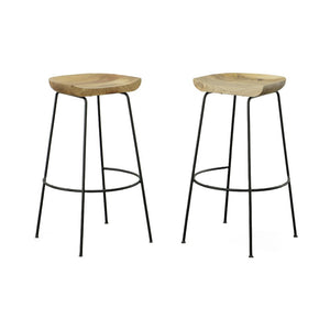Set of Two 31" Natural and Black Solid Wood and Steel Backless Bar Height Bar Chairs