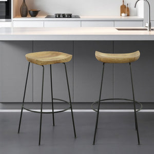 Set of Two 31" Natural and Black Solid Wood and Steel Backless Bar Height Bar Chairs