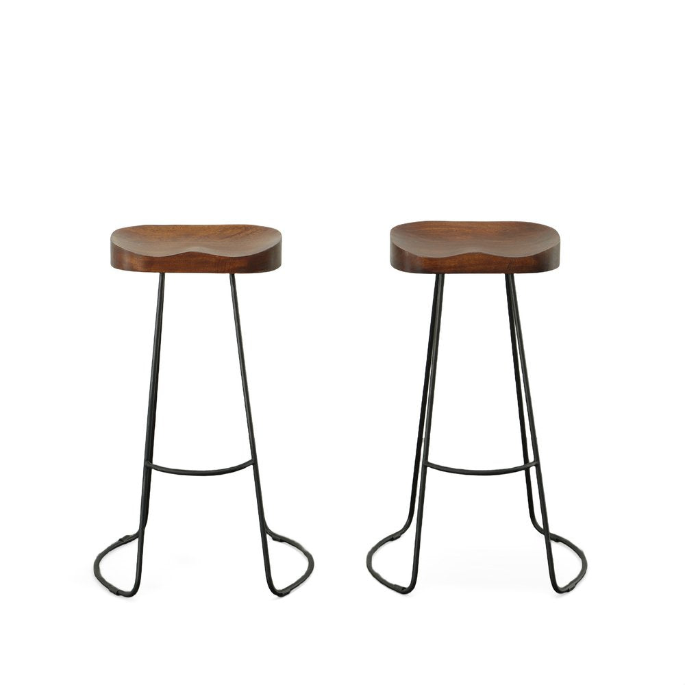 Set of Two 31" Chestnut And Black Solid Wood And Steel Backless Bar Height Bar Chairs