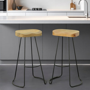 Set of Two 31" Natural and Black Solid Wood and Steel Backless Bar Height Bar Chairs