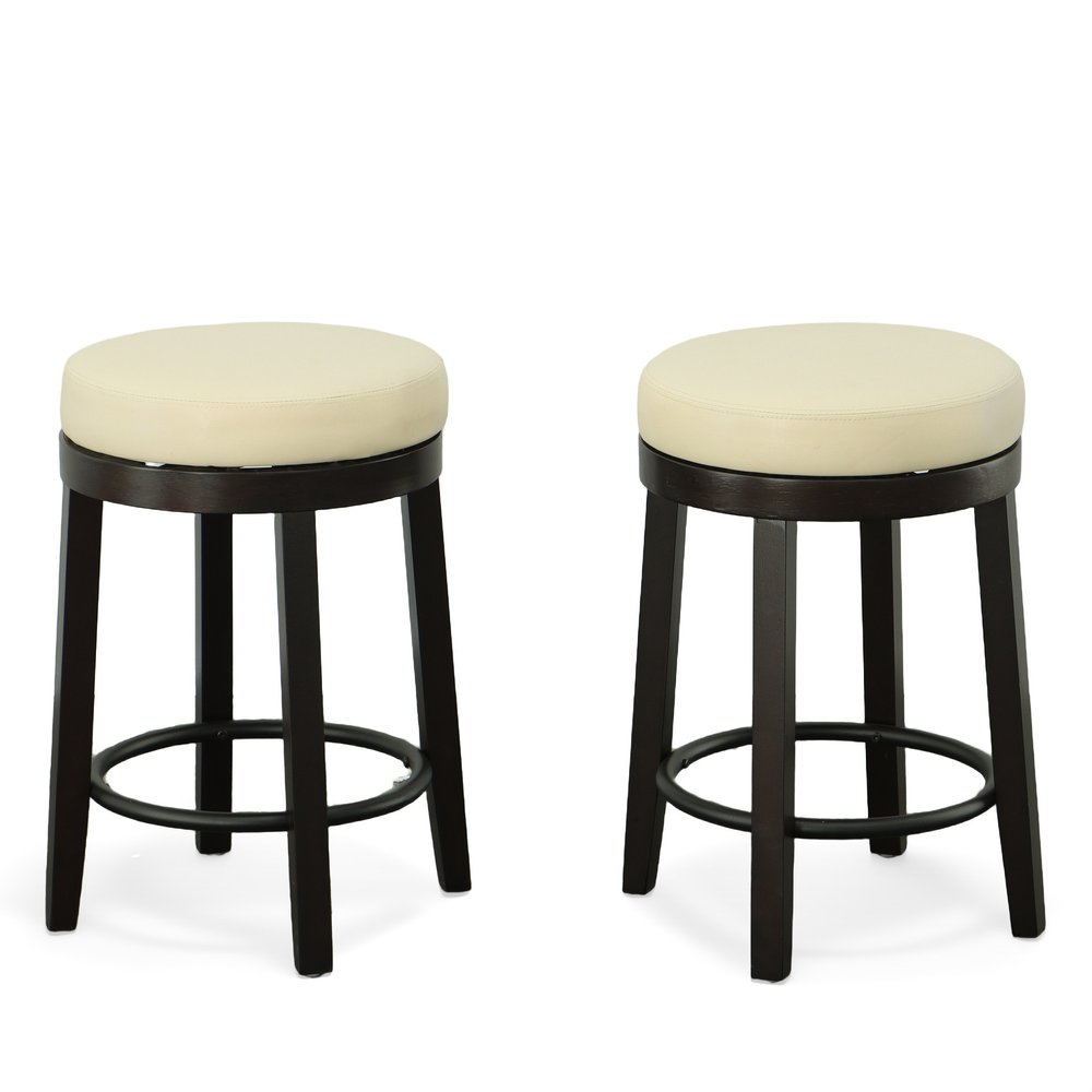 Set of Two 24" Cream and Espresso Faux Leather and Solid Wood Backless Counter Height Swivel Bar Chairs