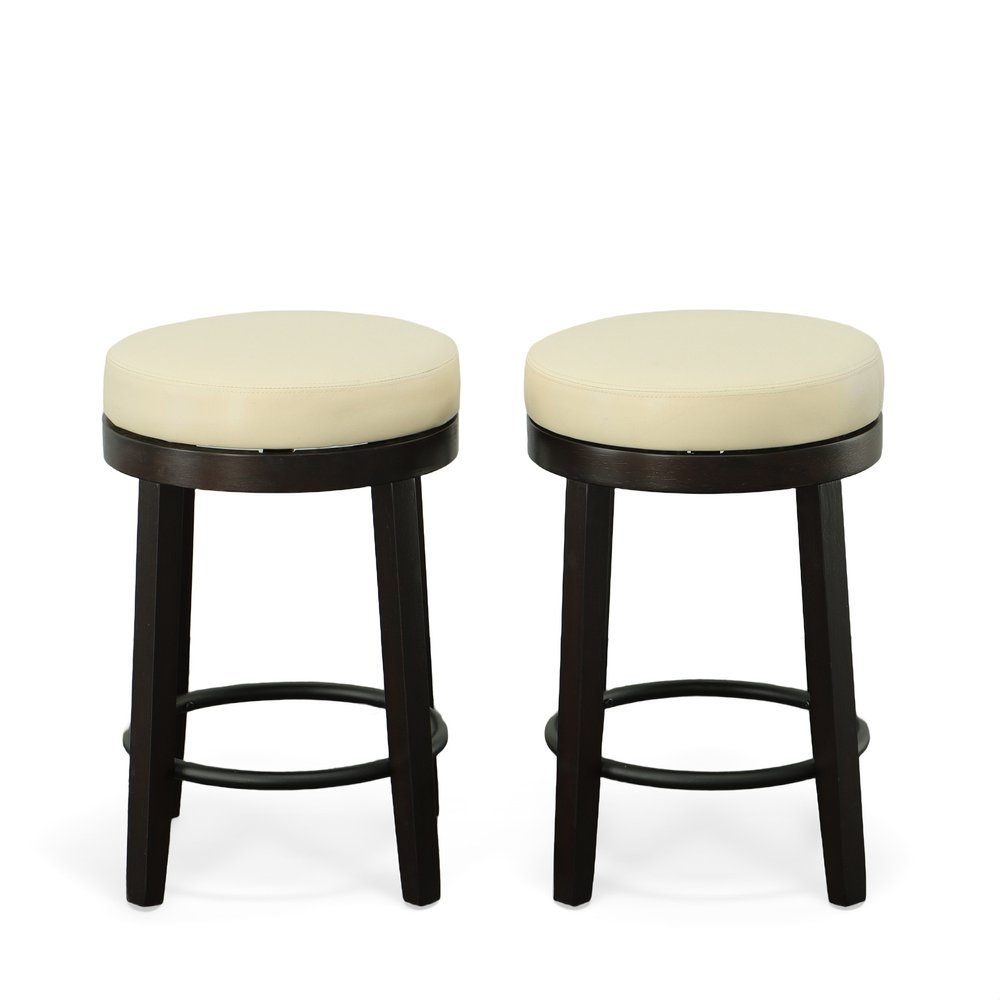 Set of Two 24" Cream and Espresso Faux Leather and Solid Wood Backless Counter Height Swivel Bar Chairs