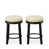 Set of Two 24" Cream and Espresso Faux Leather and Solid Wood Backless Counter Height Swivel Bar Chairs
