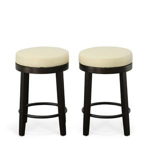 Set of Two 24" Cream and Espresso Faux Leather and Solid Wood Backless Counter Height Swivel Bar Chairs