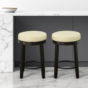 Set of Two 24" Cream and Espresso Faux Leather and Solid Wood Backless Counter Height Swivel Bar Chairs