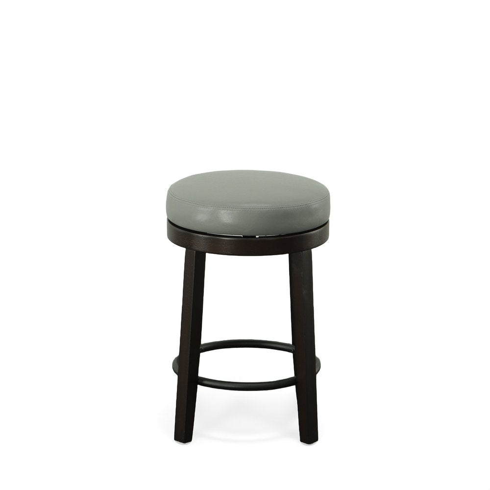 Set of Two 24" Gray and Espresso Faux Leather and Solid Wood Backless Counter Height Swivel Bar Chairs