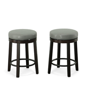Set of Two 24" Gray And Espresso Faux Leather And Faux Leather And Solid Wood Backless Counter Height Swivel Bar Chairs