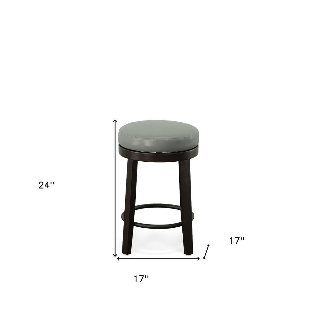 Set of Two 24" Gray and Espresso Faux Leather and Solid Wood Backless Counter Height Swivel Bar Chairs