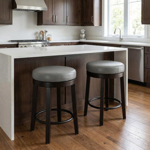 Set of Two 24" Gray And Espresso Faux Leather And Faux Leather And Solid Wood Backless Counter Height Swivel Bar Chairs
