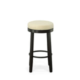 Set of Two 30" Cream and Espresso Faux Leather and Solid Wood Backless Bar Height Swivel Bar Chairs