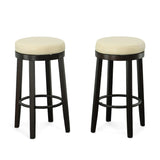 Set of Two 30" Cream and Espresso Faux Leather and Solid Wood Backless Bar Height Swivel Bar Chairs