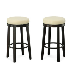 Set of Two 30" Cream and Espresso Faux Leather and Solid Wood Backless Bar Height Swivel Bar Chairs