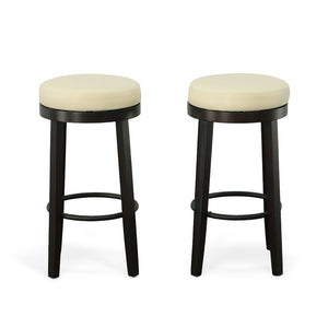 Set of Two 30" Cream and Espresso Faux Leather and Solid Wood Backless Bar Height Swivel Bar Chairs