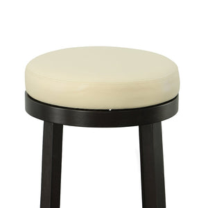 Set of Two 30" Cream and Espresso Faux Leather and Solid Wood Backless Bar Height Swivel Bar Chairs