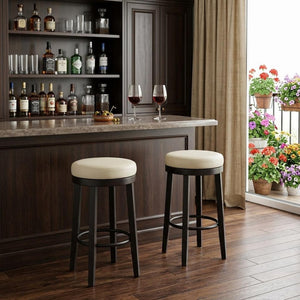 Set of Two 30" Cream And Espresso Faux Leather And Faux Leather And Solid Wood Backless Bar Height Swivel Bar Chairs