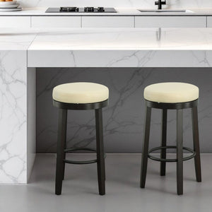 Set of Two 30" Cream and Espresso Faux Leather and Solid Wood Backless Bar Height Swivel Bar Chairs