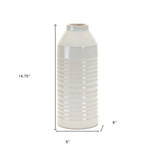 15" White Ribbed Cylinder Terracotta Table Vase