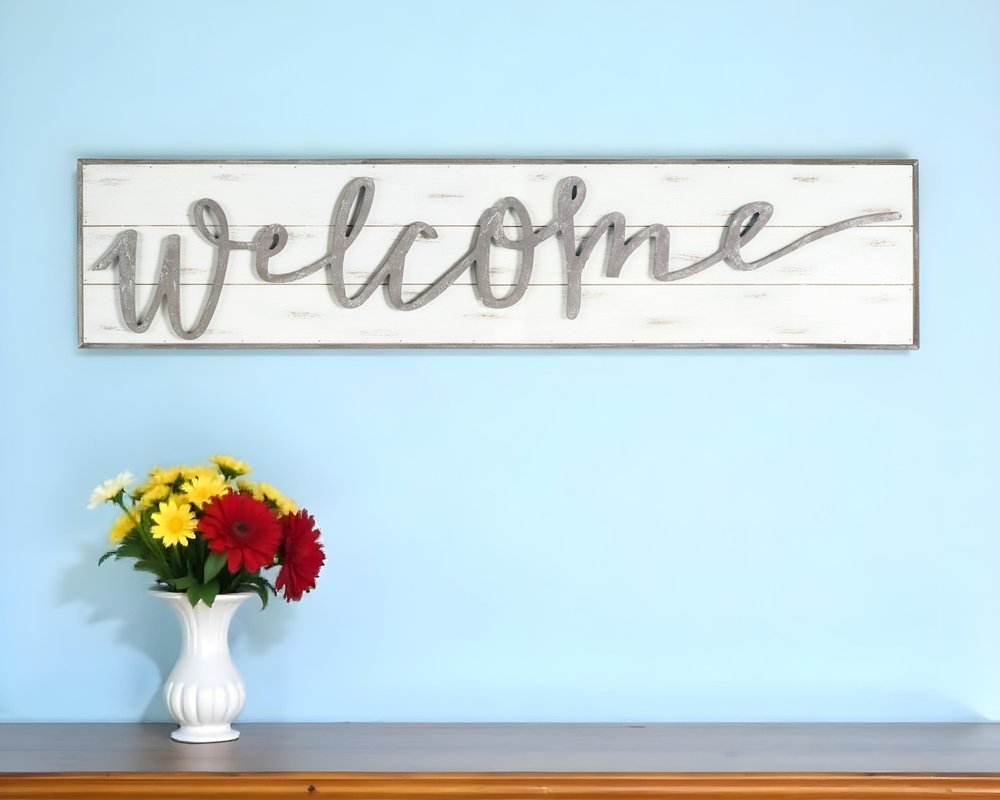 11" X 48" White And Gray Welcome Sign Wood Wall Decor