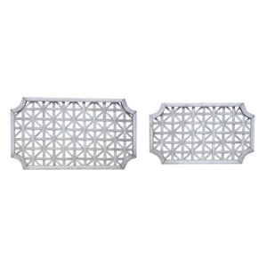 Set of Two Gray Geometric Lattice Wood Hanging Dimensional Sculptures
