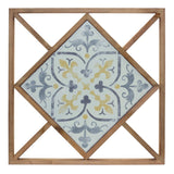 Set of Two White Blue And Brown Floral Wood and Metal Square Framed Art
