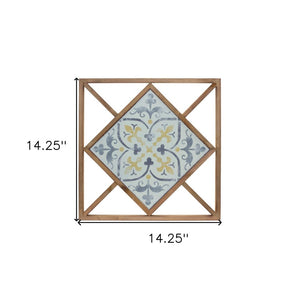 Set of Two White Blue And Brown Floral Wood and Metal Square Framed Art