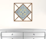 Set of Two White Blue And Brown Floral Wood and Metal Square Framed Art