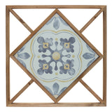 Set of Two White Blue And Brown Floral Wood and Metal Square Framed Art