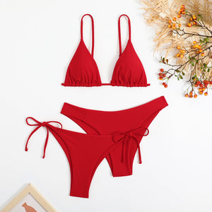 Essential Edge 3-Piece Bikini Set for Women – Solid Color High-Cut Triangle Top Two-Style Bottoms with Side Lace-Up Design & Quick-Drying Comfort – Versatile Women's Swimwear for Summer Pool Beach & Travel