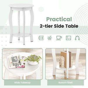 Set of 2 15 Inch 2-Tier Round End Table with Storage Shelf-White