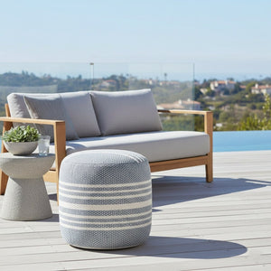 20" Blue Polyester Round Striped Indoor Outdoor Pouf Ottoman