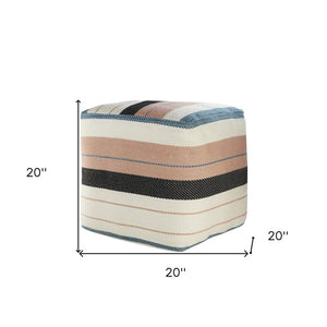 20" White Polyester Striped Indoor Outdoor Pouf Ottoman