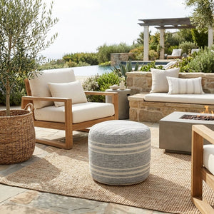 18" Gray Polyester Round Striped Indoor Outdoor Pouf Ottoman