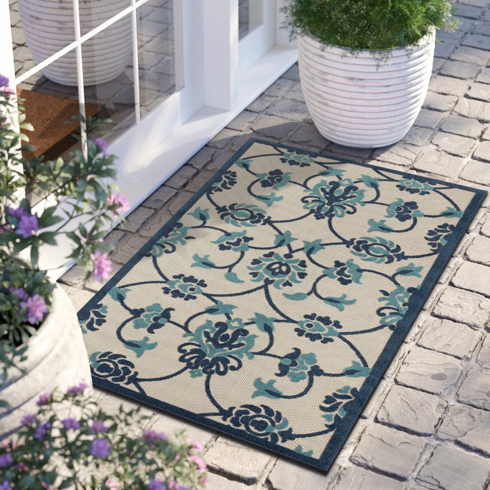 8' X 10' Blue And Orange Floral Non Skid Indoor Outdoor Area Rug