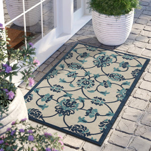 8' X 10' Blue And Orange Floral Non Skid Indoor Outdoor Area Rug