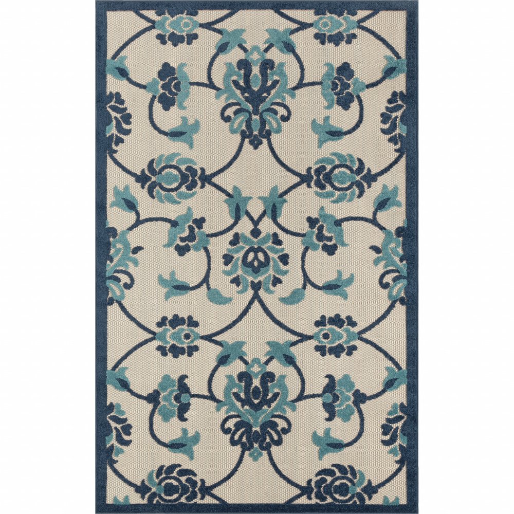 5' X 8' Blue And Orange Floral Non Skid Indoor Outdoor Area Rug