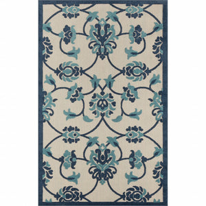 4' X 6' Blue Floral Non Skid Indoor Outdoor Area Rug