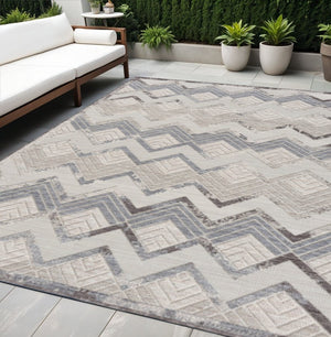 5' X 7' Blue And Ivory Chevron Indoor Outdoor Area Rug