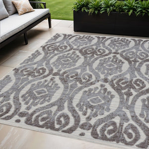 5' X 7' Blue And Gray Damask Indoor Outdoor Area Rug