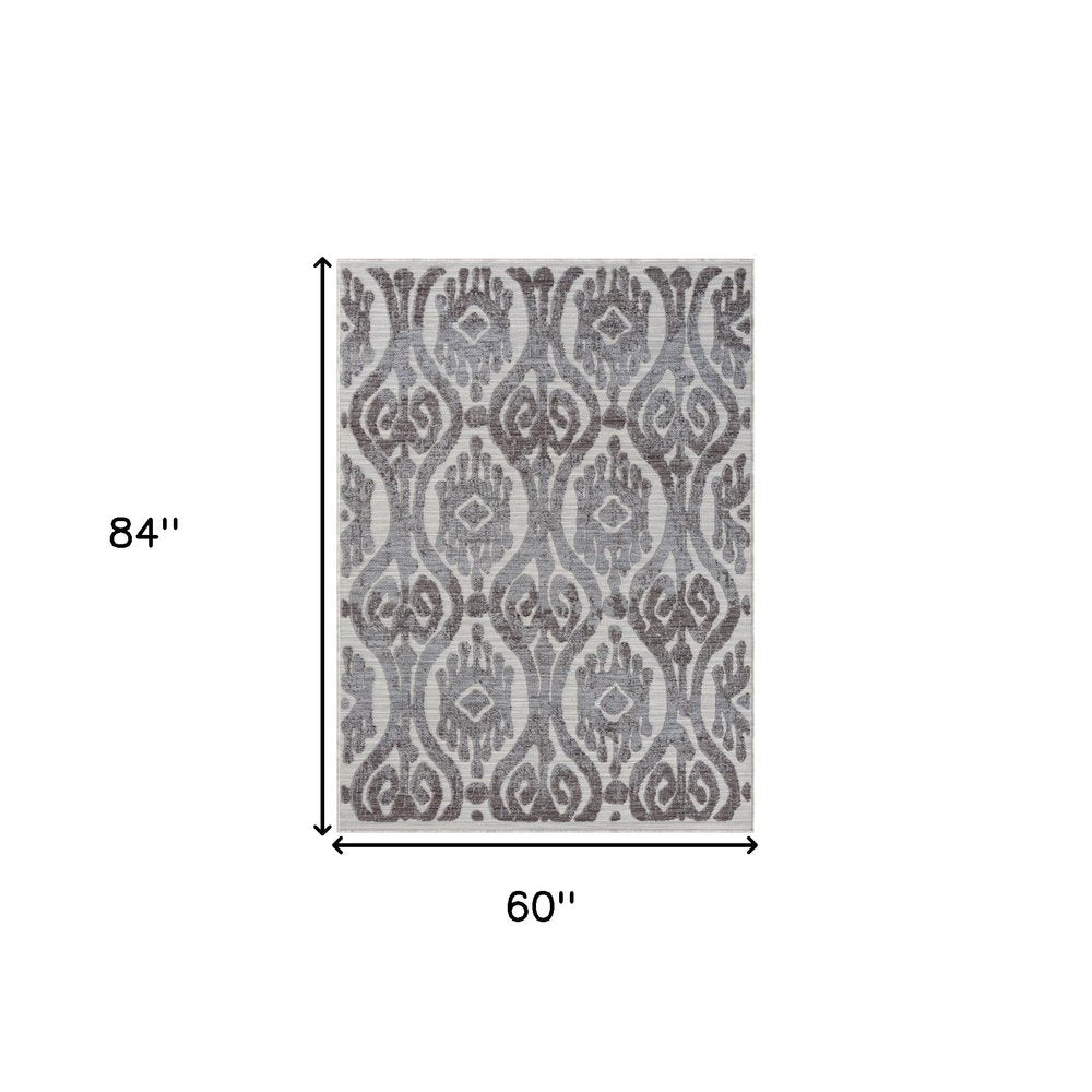 5' X 7' Blue And Gray Damask Indoor Outdoor Area Rug