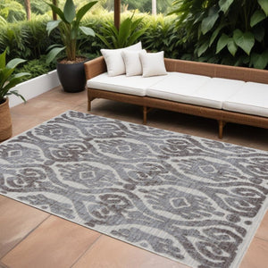 8' X 9' Blue And Gray Damask Indoor Outdoor Area Rug