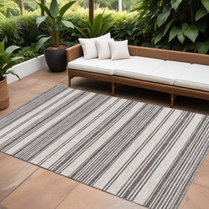8' X 9' Gray And Ivory Striped Indoor Outdoor Area Rug