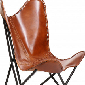 32" Brown and Black Genuine Leather Butterfly Chair