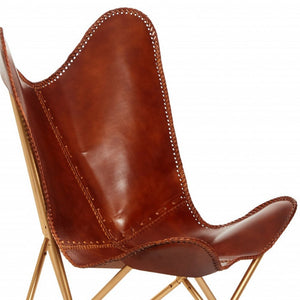 32" Brown and Gold Genuine Leather Butterfly Chair