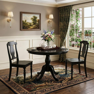 36" Black Rounded Solid Manufactured Wood And Solid Wood Pedestal Base Dining Table