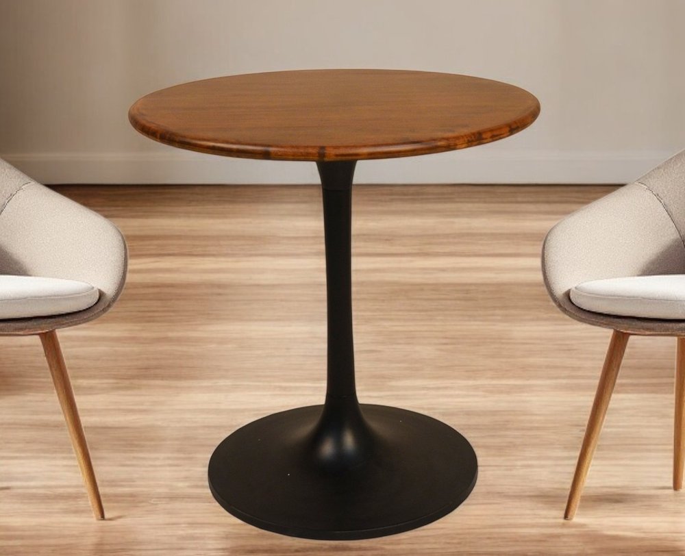 30" Brown And Black Rounded Solid Wood And Iron Pedestal Base Dining Table