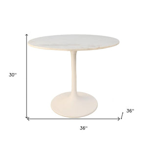 36" White Rounded Marble And Iron Pedestal Base Dining Table